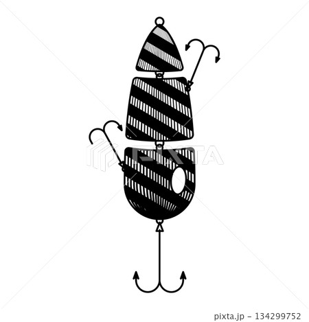 jointed fishing lure illustration hooks in vintage woodcut style black and white vector art isolated swimbait fish retro artificial bait engraved drawing sketch design 134299752