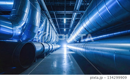 Industrial tunnel interior with modern pipes arranged symmetrically representing balance, harmony, and technological precision in a futuristic functional engineering space. 134299909