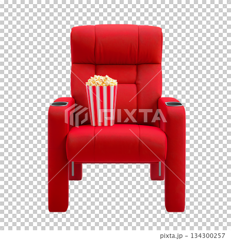 Comfortable Red Movie Chair With Popcorn Ready for a Cozy Movie Night at Home or in a Theater Setting 134300257