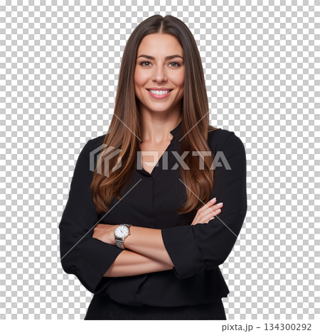 Confident Woman With Long Brown Hair Smiling in a Black Top, Arms Crossed, Indoor Setting 134300292