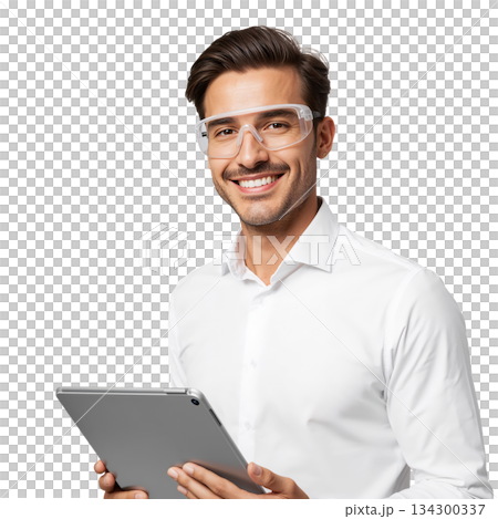 Smiling Man With Glasses Holding a Tablet in a Bright and Clean Environment 134300337