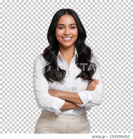 Professional Woman in a White Shirt Poses Confidently With a Smile and Crossed Arms 134300482