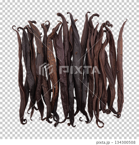 Dried Vanilla Beans Arranged Neatly on a White Background Ready for Culinary Use in Various Dishes 134300508