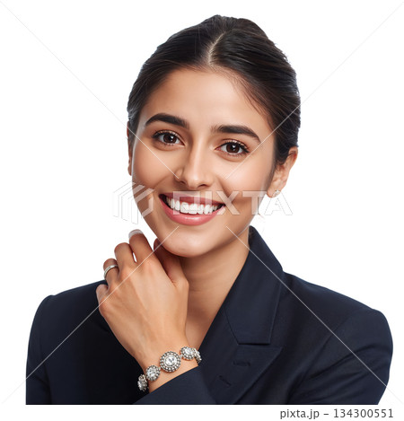 Model Showcases Elegant Jewelry With a Bright Smile in a Professional Setting During Daylight Hours 134300551