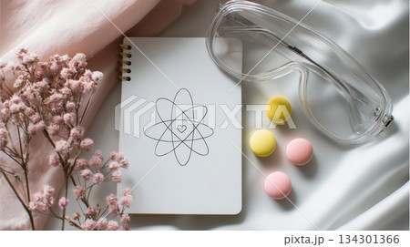 A soft airy flat lay featuring a notebook with an atom heart illustration alongside goggles pastel balls and delicate flowers A soft airy flat lay featuring a notebook with an atom heart illustration alongside goggles pastel balls and delicate flowers 134301366