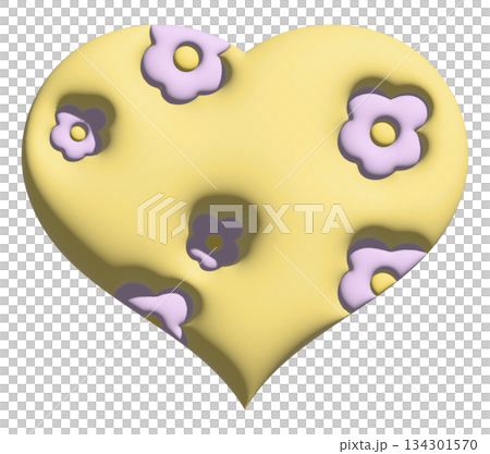 Inflated yellow heart with flower pattern in 3D for model, Valentine Day, sticker, merchandise, fabric, decoration, love icon, campaign badge, sign, symbol, girl power, pin, cute patch, brooch 134301570