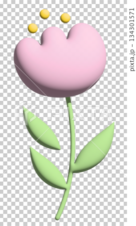 Inflated pink tulip flower with green leaves in 3D for model, merchandise, plant, tree, nature, garden, floral print, decorations, cartoon character, comic, mascot, cute patch, brooch, print, sticker 134301571