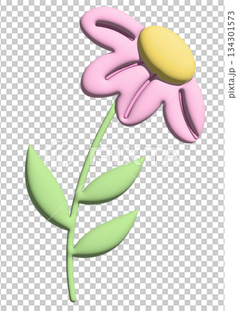 Inflated pastel pink flower with green leaves in 3D for model, merchandise, plant, tree, nature, garden, floral print, decorations, cartoon character, comic, mascot, cute patch, brooch, print, sticker 134301573