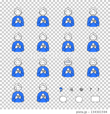 Facial expression set of senior women operating smartphones (with joy, anger, sadness, trouble, and icons) 134301594
