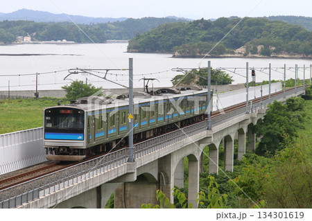 高台移設区間を行く仙石線205系電車(宮城県東松島市) 高台移設区間を行く仙石線205系電車(宮城県東松島市) 134301619