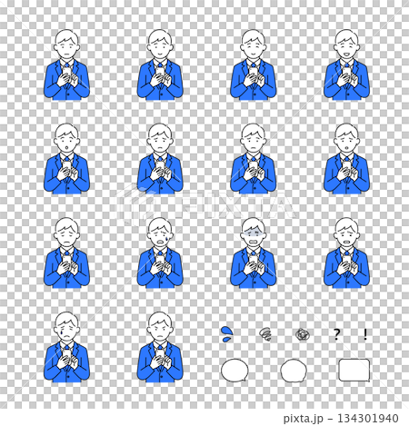 Facial expression set of a businessman operating a smartphone (with joy, anger, sadness, trouble, and icons) Facial expression set of a businessman operating a smartphone (with joy, anger, sadness, trouble, and icons) 134301940