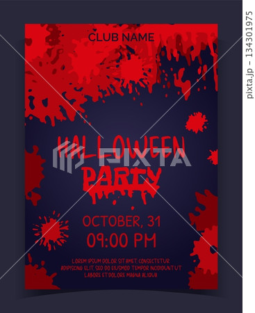 Halloween party banner. Blood drip splatters. Stain horror drops. Scary bloodstains. October holiday festival. Autumn spooky celebration flyer. Vector invitation poster design template 134301975