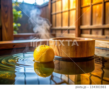 檜風呂に浮かぶ一つのゆずが演出する日本の冬至風景 134301981