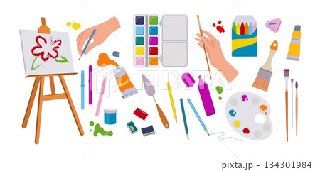 Art kit. Palette tool supplies, painter equipment, watercolor and gouache paint in tubes and boxes, artist brush and pencil. Drawing color symbols, creative markers. Vector cartoon set 134301984