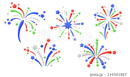 3d firework. Festive party day, national celebrate star or child birthday and wedding, memorial fire. Art decoration, confetti composition, firecracker icon. Vector glossy render isolated set 134301987
