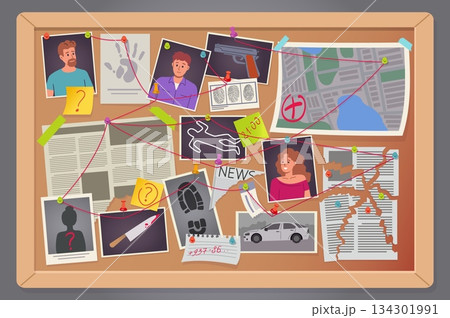 Investigate board. Mystery crime newspaper. Police map with solving criminal thread. Picture paper chart for search. Evidence and fingerprint. Note sticker. Vector detective noticeboard 134301991