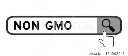 Search banner in word Non GMO (Genetically Modified Organisms) with hand over magnifier icon on white background 134302043