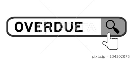 Search banner in word overdue with hand over magnifier icon on white background Search banner in word overdue with hand over magnifier icon on white background 134302076