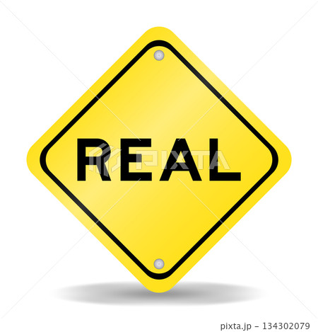 Yellow color transportation sign with word real on white background Yellow color transportation sign with word real on white background 134302079