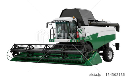 A grain harvester stands alone, designed for collecting crops such as wheat and barley in agricultural fields. It features cutting equipment at the front for efficient harvest. A grain harvester stands alone, designed for collecting crops such as wheat and barley in agricultural fields. It features cutting equipment at the front for efficient harvest. 134302186