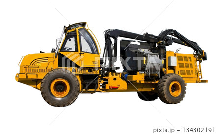 A wood waste chipper and shredder is shown for collecting and loading wood waste. This machine is used in landscaping and forestry for efficient debris management. 134302191