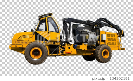 A wood waste chipper and shredder is shown for collecting and loading wood waste. This machine is used in landscaping and forestry for efficient debris management. A wood waste chipper and shredder is shown for collecting and loading wood waste. This machine is used in landscaping and forestry for efficient debris management. 134302191