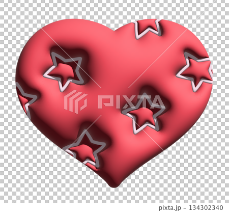 Inflated red heart with star pattern in 3D for model, Valentine Day, sticker, merchandise, fabric, decoration, love icon, campaign badge, sign, symbol, girl power, pin, cute patch, brooch 134302340