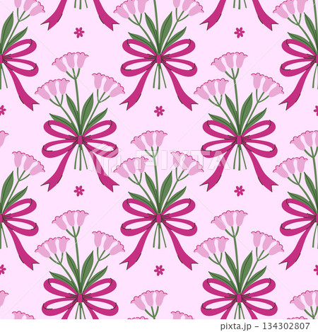 Seamless pattern with bouquets of pink flowers tied with bows. Vector graphics. Seamless pattern with bouquets of pink flowers tied with bows. Vector graphics. 134302807