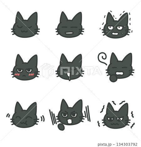 黒猫の多彩な表情セット　感情豊かな猫のイラスト 134303792