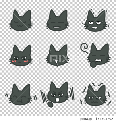 A set of various black cat facial expressions - illustrations of expressive cats 134303792