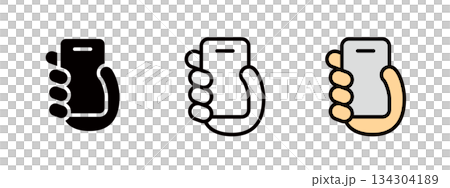 Icon of a hand holding a smartphone, icon representing social media and contact Icon of a hand holding a smartphone, icon representing social media and contact 134304189
