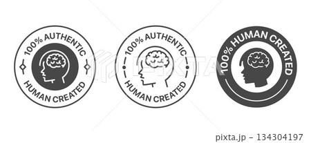 Human created badge set. It includes human made, made by human, No AI used, logo, sign, symbol and sticker 134304197