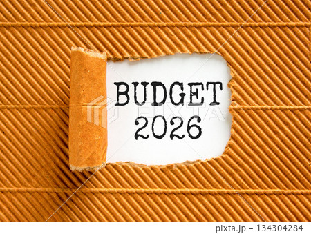 Budget 2026 symbol. Concept words Budget 2026 on beautiful white paper. Beautiful brown paper background. Business and budget 2026 concept. Copy space. 134304284