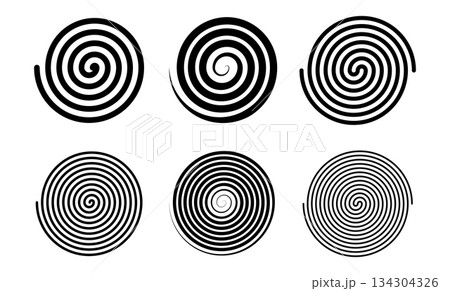 Spiral hypnotic circle. Swirl psychedelic pattern of black lines on a white background. Optical illusion with rotation. Spiral hypnotic circle. Swirl psychedelic pattern of black lines on a white background. Optical illusion with rotation. 134304326