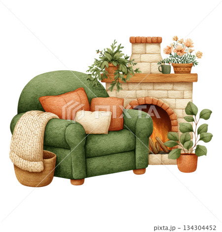Cozy armchair with cushions and blanket near lit fireplace surrounded by potted plants and warm decor, perfect for Christmas 134304452