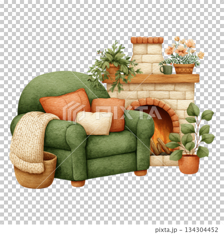 Cozy armchair with cushions and blanket near lit fireplace surrounded by potted plants and warm decor, perfect for Christmas 134304452