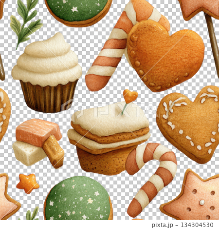 Festive Christmas cookies and treats with gingerbread, candy canes, cupcakes, and holiday decorations for joyful new year 134304530