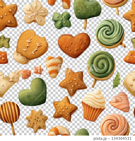 Festive Christmas cookies and treats in various shapes like stars, hearts, and swirls, perfect for celebrating new year 134304531