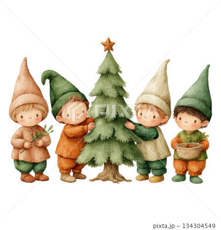 Adorable children dressed as elves decorating Christmas tree with joy, celebrating new year in festive and cheerful atmosphere 134304549