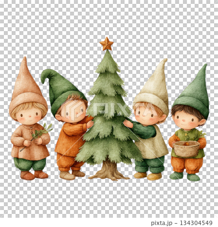 Adorable children dressed as elves decorating Christmas tree with joy, celebrating new year in festive and cheerful atmosphere 134304549