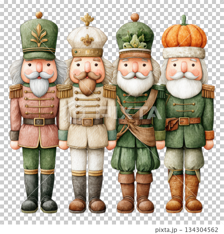 Four festive nutcracker soldiers dressed unique holiday themed uniforms, each showcasing intricate details and cheerful Four festive nutcracker soldiers dressed unique holiday themed uniforms, each showcasing intricate details and cheerful 134304562