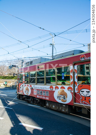 明るい快晴の空の下を進む東京桜トラムの車両　東京都の王子の飛鳥山公園近くにて 134304656