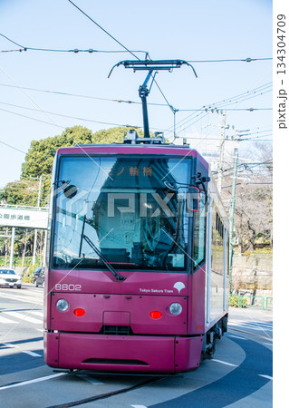 明るい快晴の空の下を進む東京桜トラムの車両 東京都の王子の飛鳥山公園近くにて 明るい快晴の空の下を進む東京桜トラムの車両 東京都の王子の飛鳥山公園近くにて 134304709
