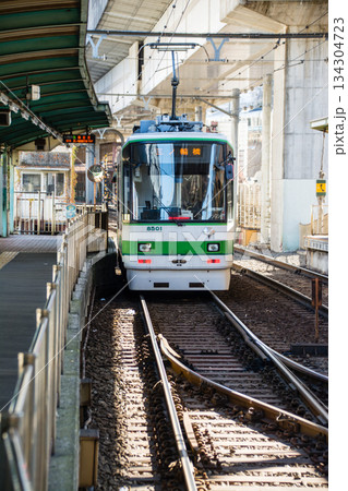 明るい快晴の空の下を進む東京桜トラムの車両　東京都の王子の飛鳥山公園近くにて 134304723