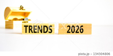 Trends 2026 symbol. Concept words Trends 2026 on beautiful wooden blocks. Beautiful white paper background. Beautiful wooden chest with coins. Business and Trends 2026 new year concept. Copy space. 134304806
