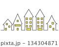 シンプルな街並みの線画ベクターイラスト｜住宅と都市の風景セット 134304871