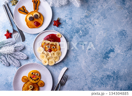 Pancakes in the shape of Santa reindeer 134304885