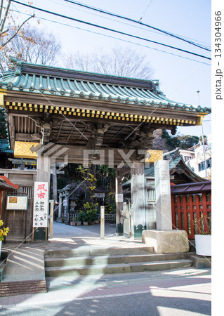 快晴の空の下の冬の枝木に囲まれた緑色の瓦屋根のお寺入口の門　東京の王子にて 134304966