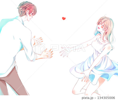 両手を広げる男女　恋愛　赤面 134305006