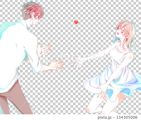 両手を広げる男女　恋愛　赤面 134305006